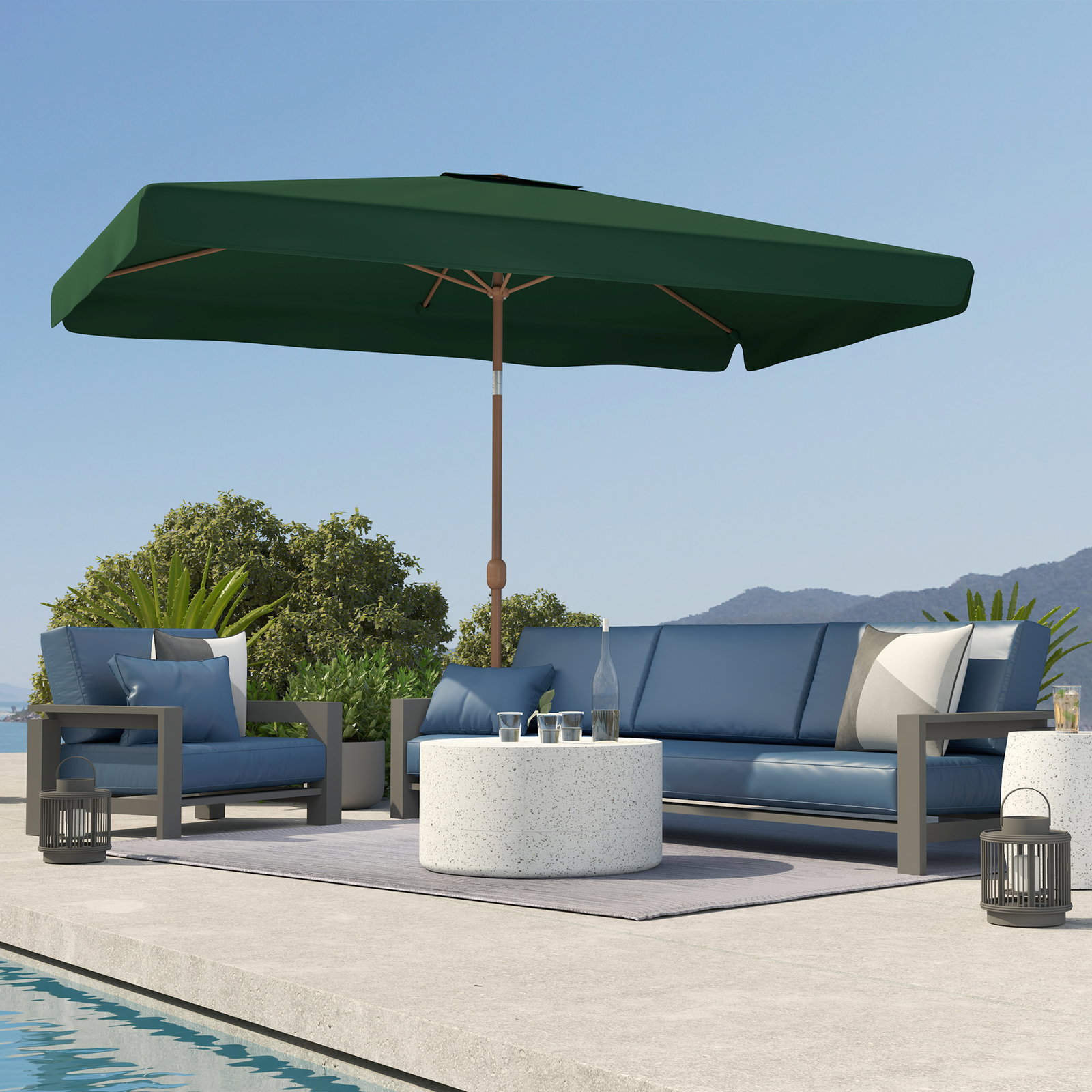 Guarda-sol de terraço exterior 300x200x245 cm com ângulo ajustável, mastro de alumínio, manivela e proteção UV 50+ verde