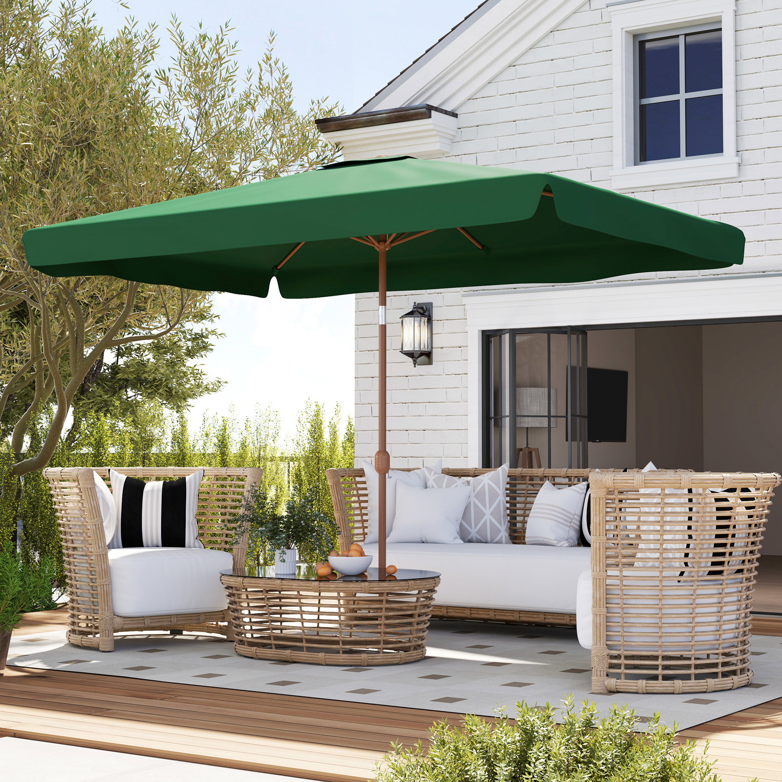 Guarda-sol de terraço exterior 300x200x245 cm com ângulo ajustável, mastro de alumínio, manivela e proteção UV 50+ verde