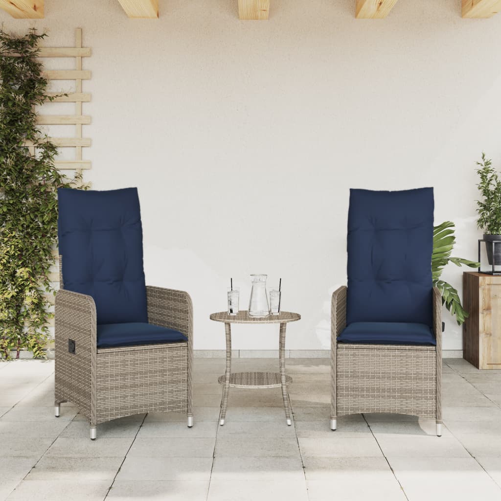 Cadeiras de jardim reclináveis 2 peças com almofadas em vime sintético cinza