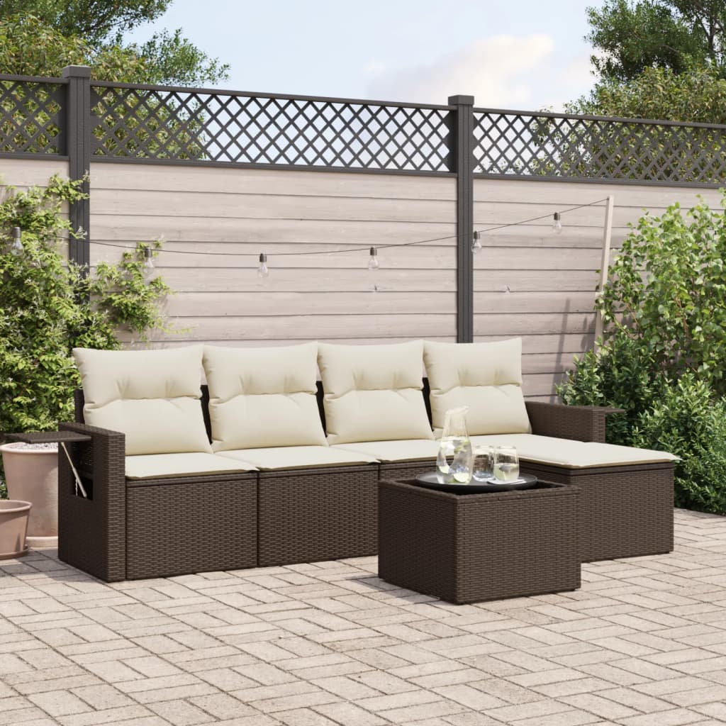 6 Pcs conjunto de sofás jardim c/ almofadões vime PE castanho
