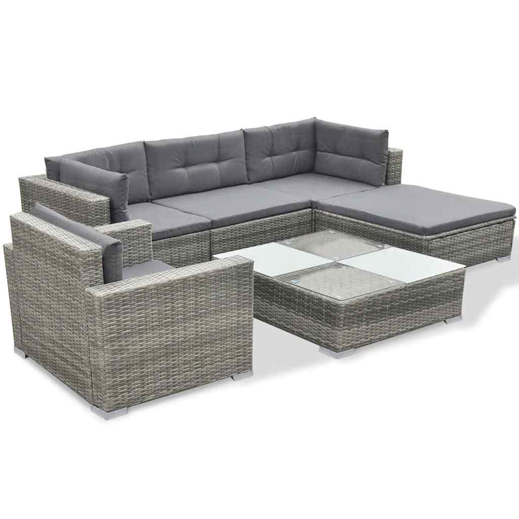 6 Pcs conjunto lounge de jardim c/ almofadões vime PE cinzento