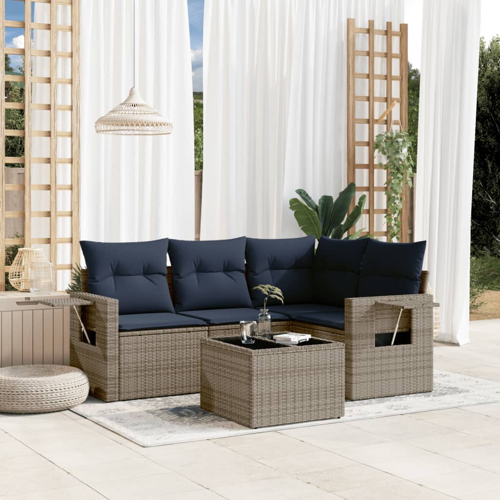 Conjunto de sofá de jardim de 5 peças com almofadas em rattan sintético cinza