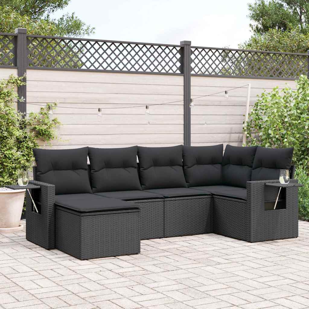 6 Pcs conjunto sofás de jardim c/ almofadões vime PE preto