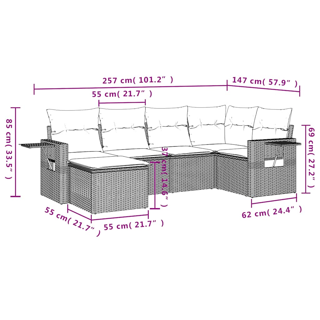 6 Pcs conjunto sofás de jardim c/ almofadões vime PE preto