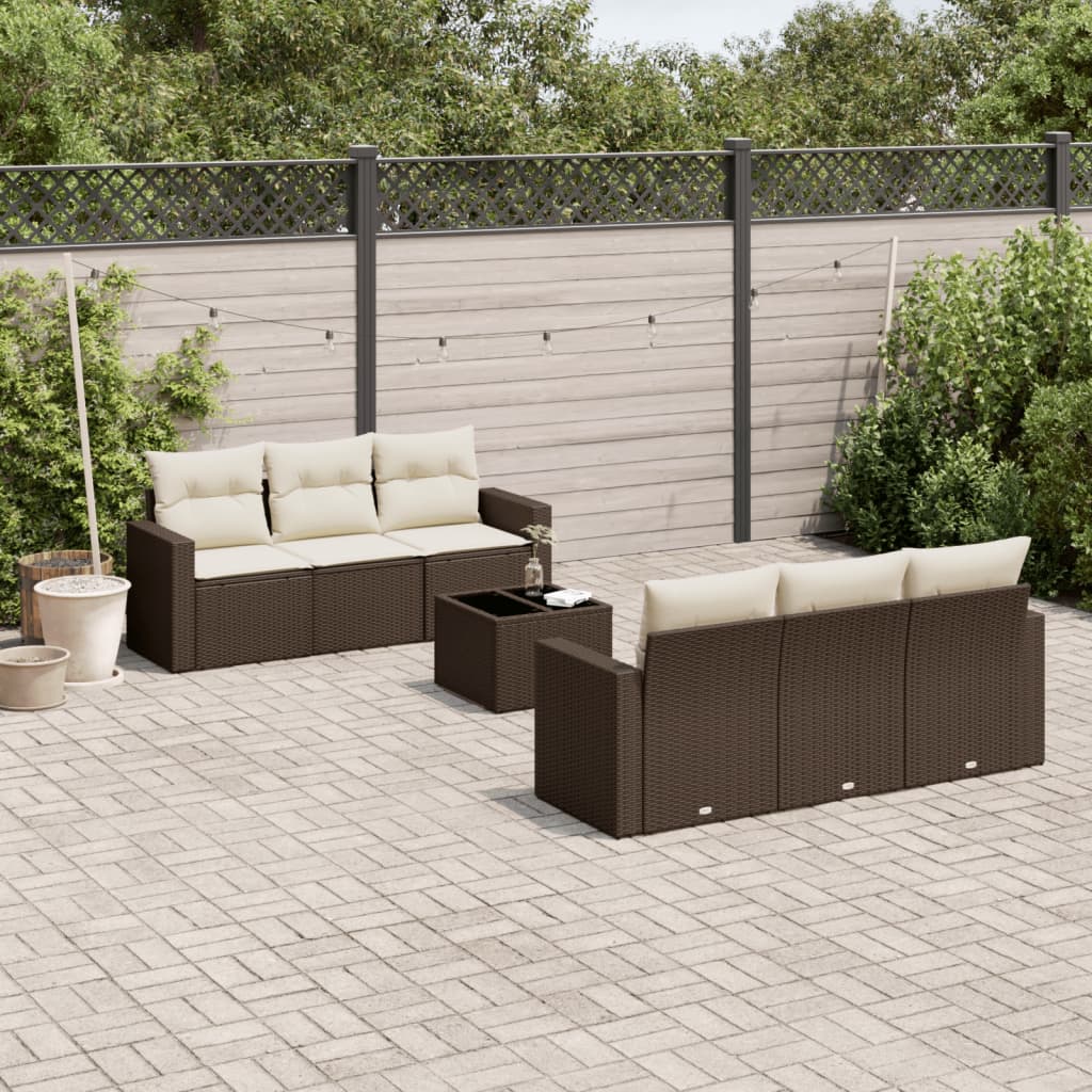 7 Pcs conjunto de sofás jardim c/ almofadões vime PE castanho