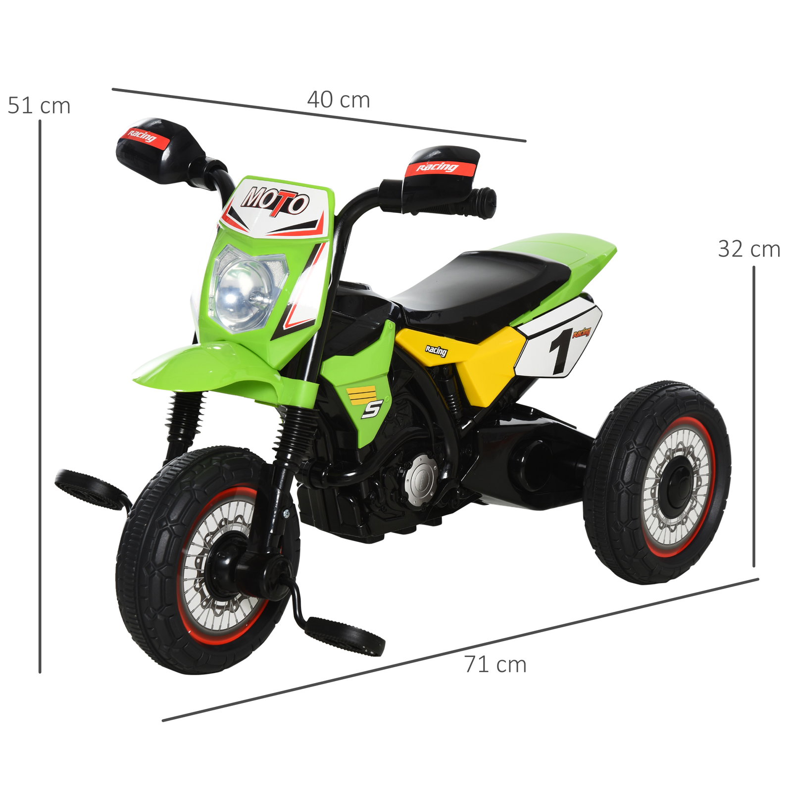 Mota para crianças acima de 18 meses mota a pedais para crianças com 3 rodas luzes e sons realistas 71x40x51 cm verde