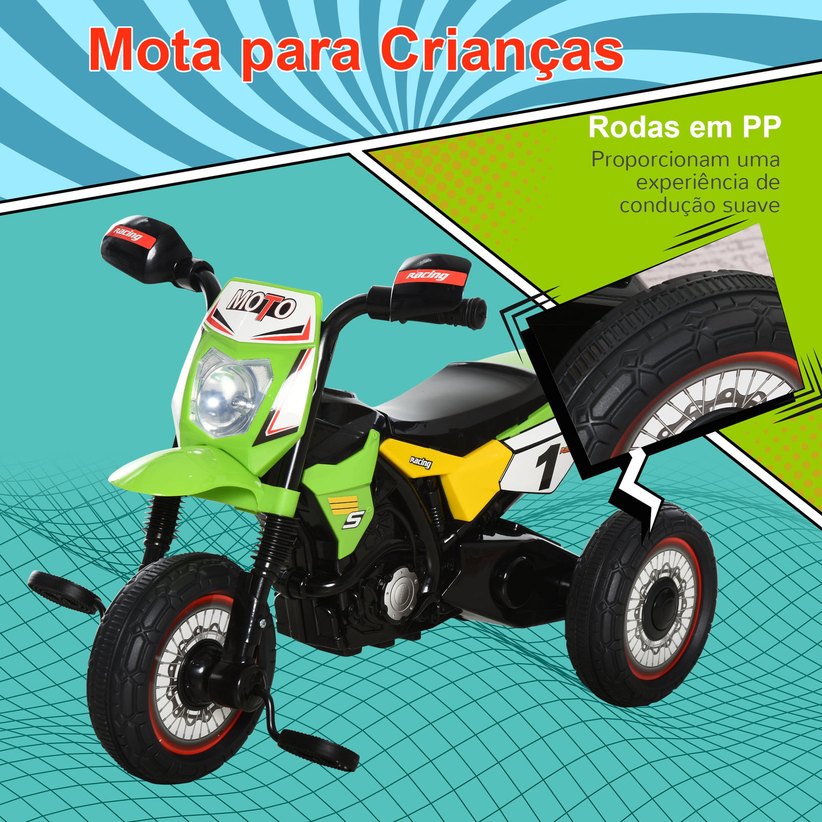 Mota para crianças acima de 18 meses mota a pedais para crianças com 3 rodas luzes e sons realistas 71x40x51 cm verde