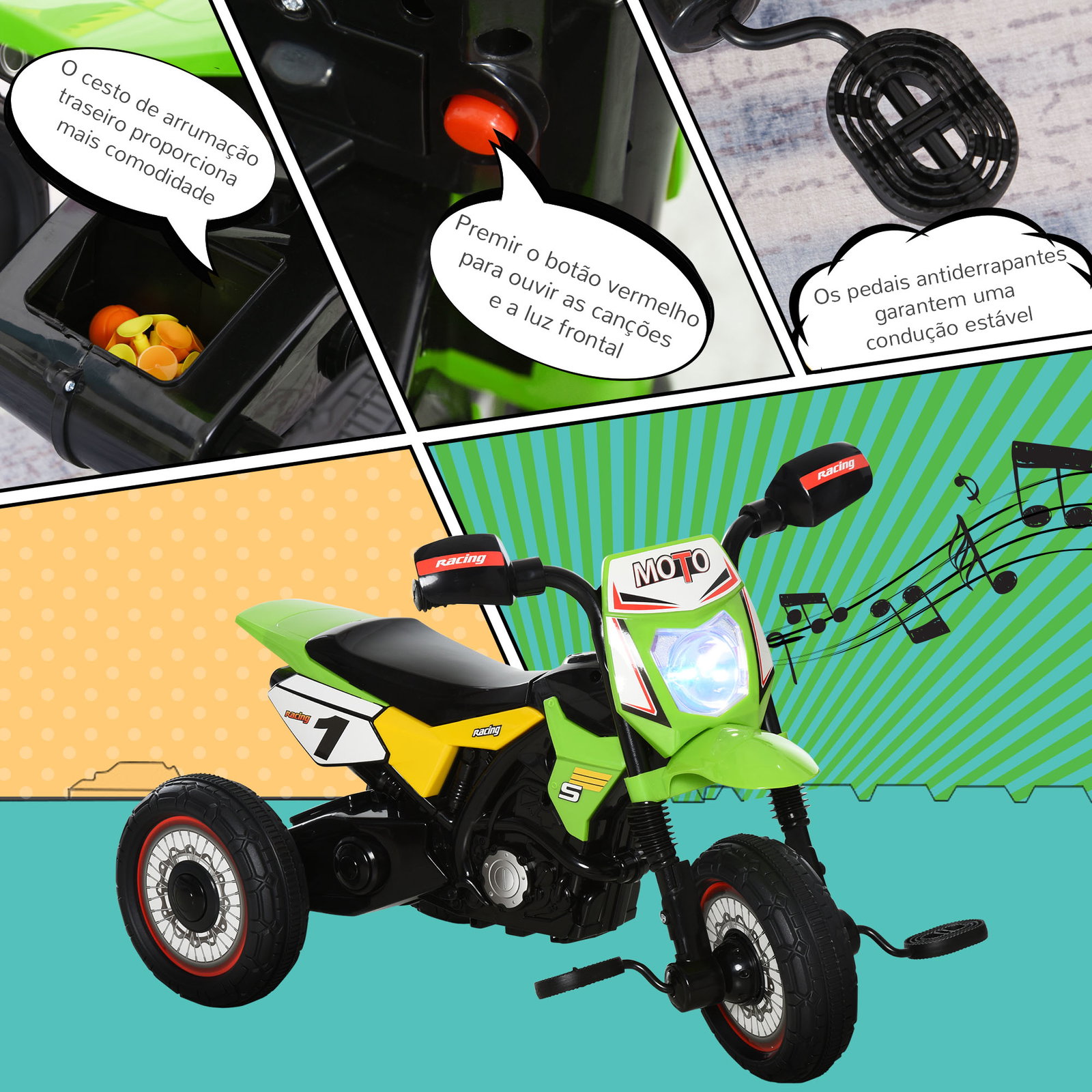 Mota para crianças acima de 18 meses mota a pedais para crianças com 3 rodas luzes e sons realistas 71x40x51 cm verde