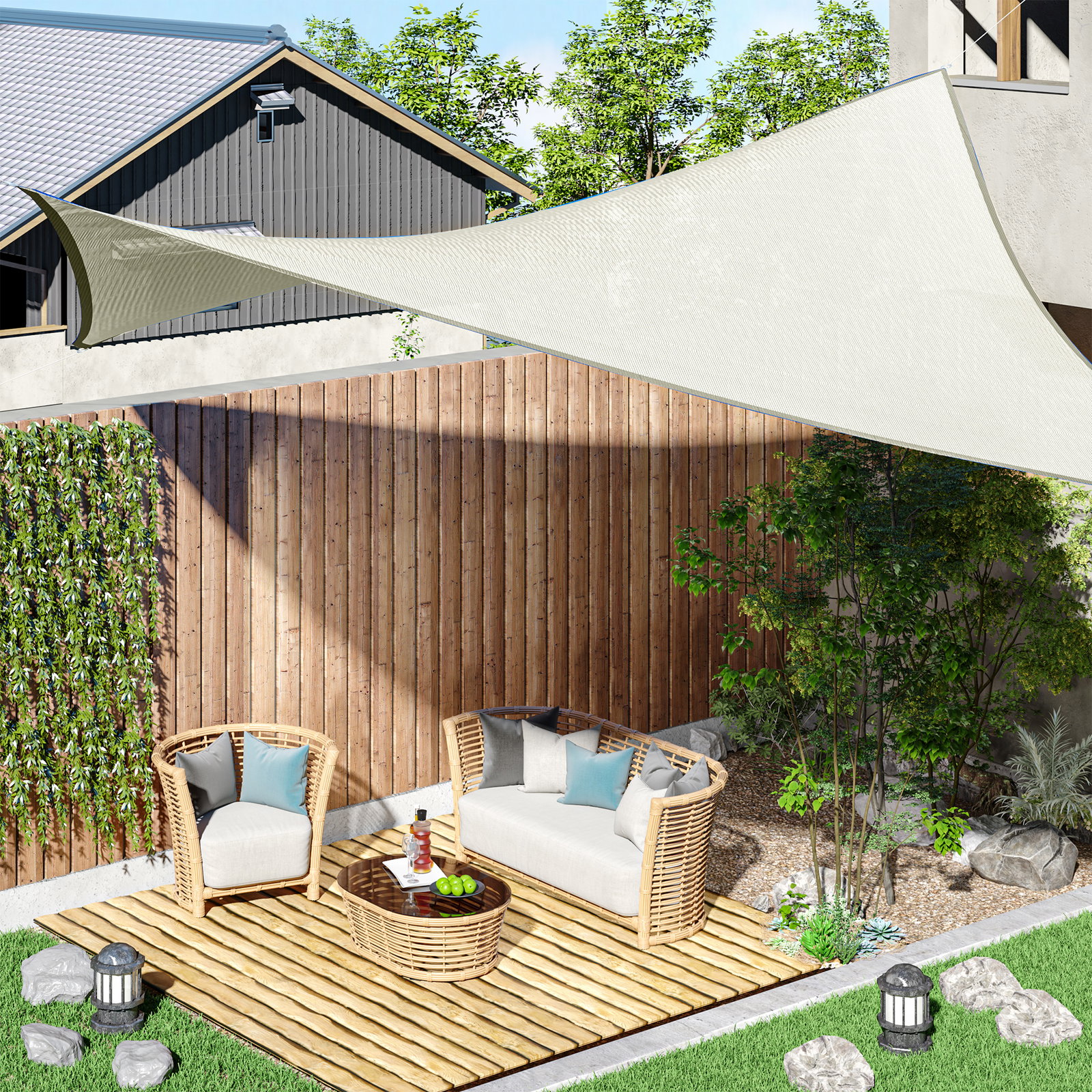 Vela de Sombra Retangular 3x4 m Toldo Vela de Poliéster com Proteção UV Aneis em Forma de D e Cordas para Jardim Pátio Piscina C