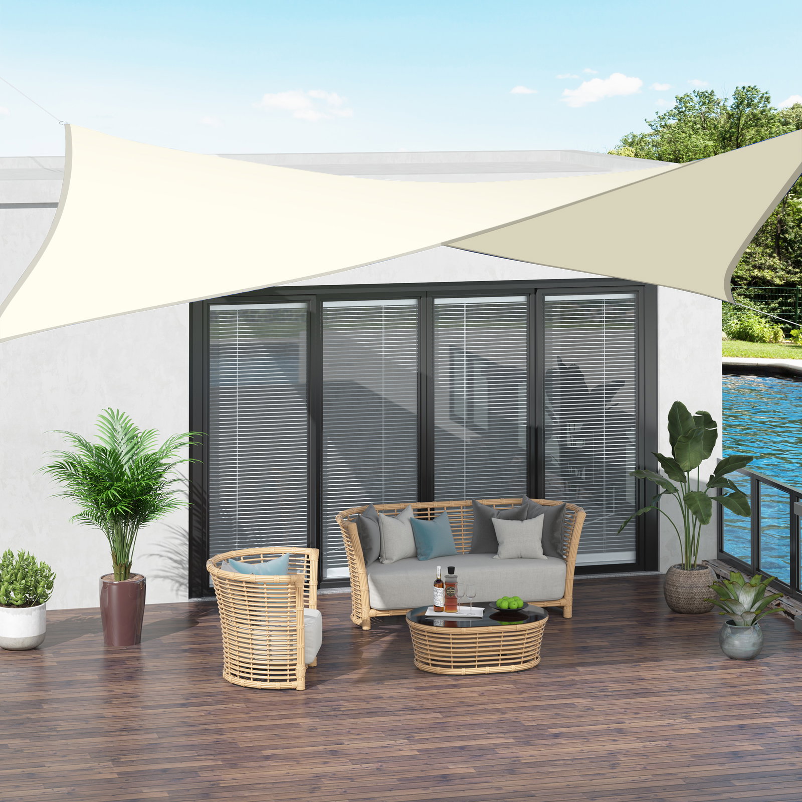 Vela de Sombra Retangular 3x4 m Toldo Vela de Poliéster com Proteção UV Aneis em Forma de D e Cordas para Jardim Pátio Piscina C