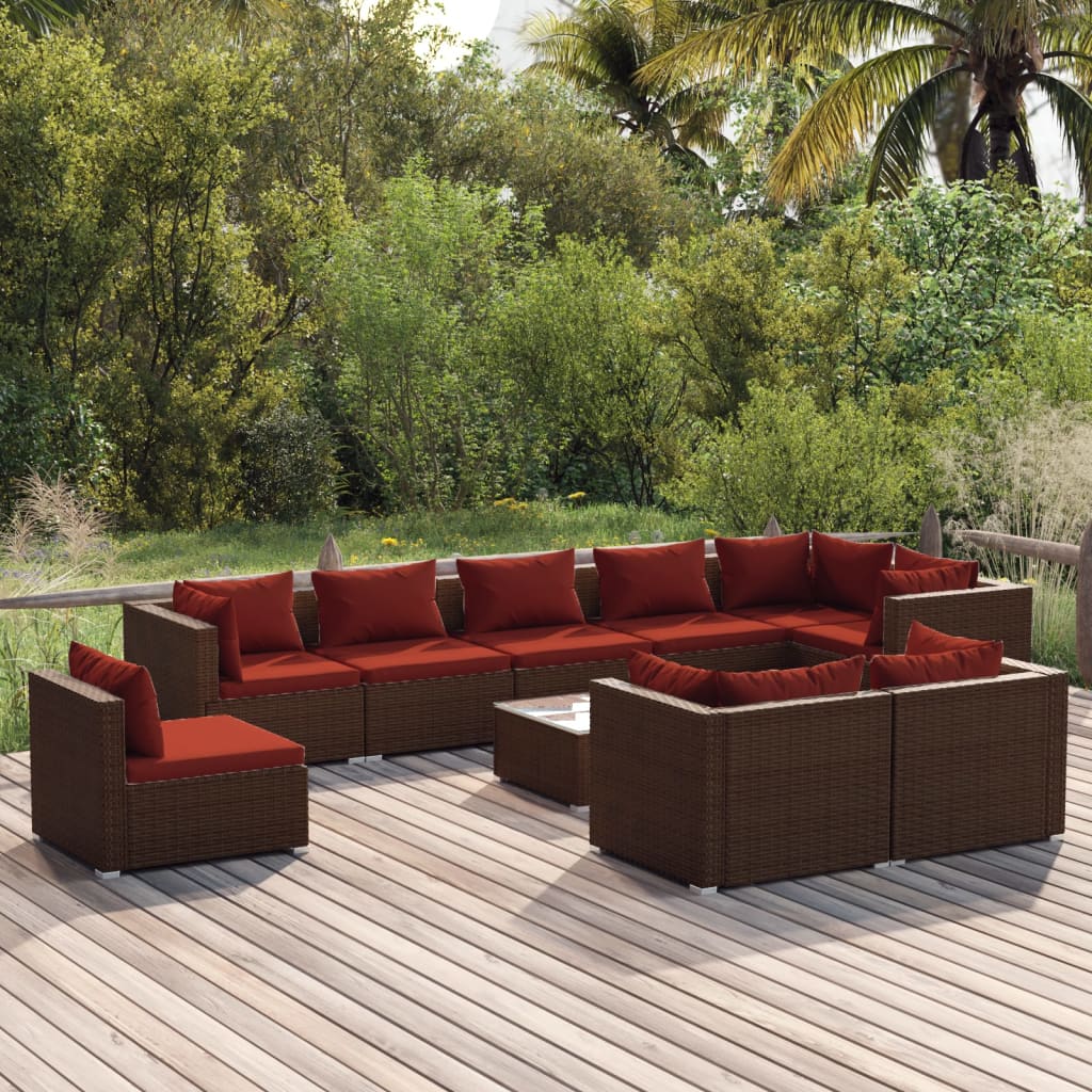 10 Pcs conjunto lounge de jardim c/ almofadões vime PE castanho