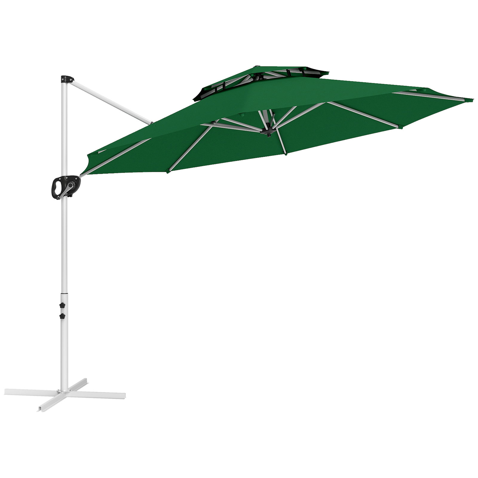 Chapéu de sol excêntrico ø292 cm com manivela rotativo 360° inclinação ajustável duplo teto e base cruzada verde escuro