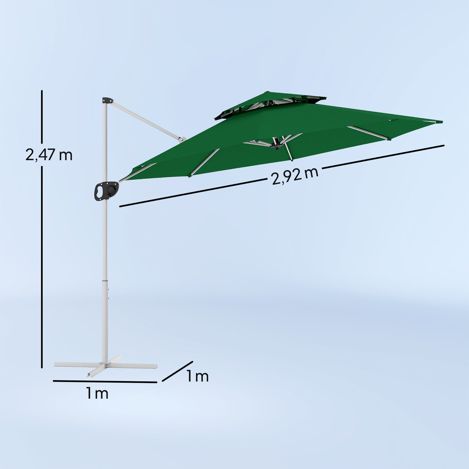Chapéu de sol excêntrico ø292 cm com manivela rotativo 360° inclinação ajustável duplo teto e base cruzada verde escuro
