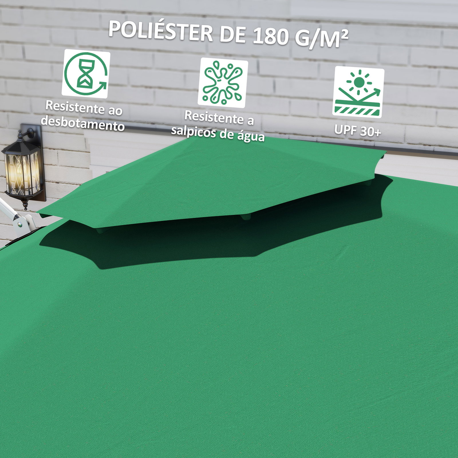 Chapéu de sol excêntrico ø292 cm com manivela rotativo 360° inclinação ajustável duplo teto e base cruzada verde escuro