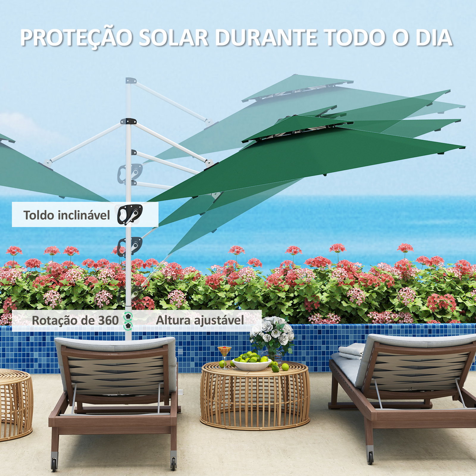 Chapéu de sol excêntrico ø292 cm com manivela rotativo 360° inclinação ajustável duplo teto e base cruzada verde escuro