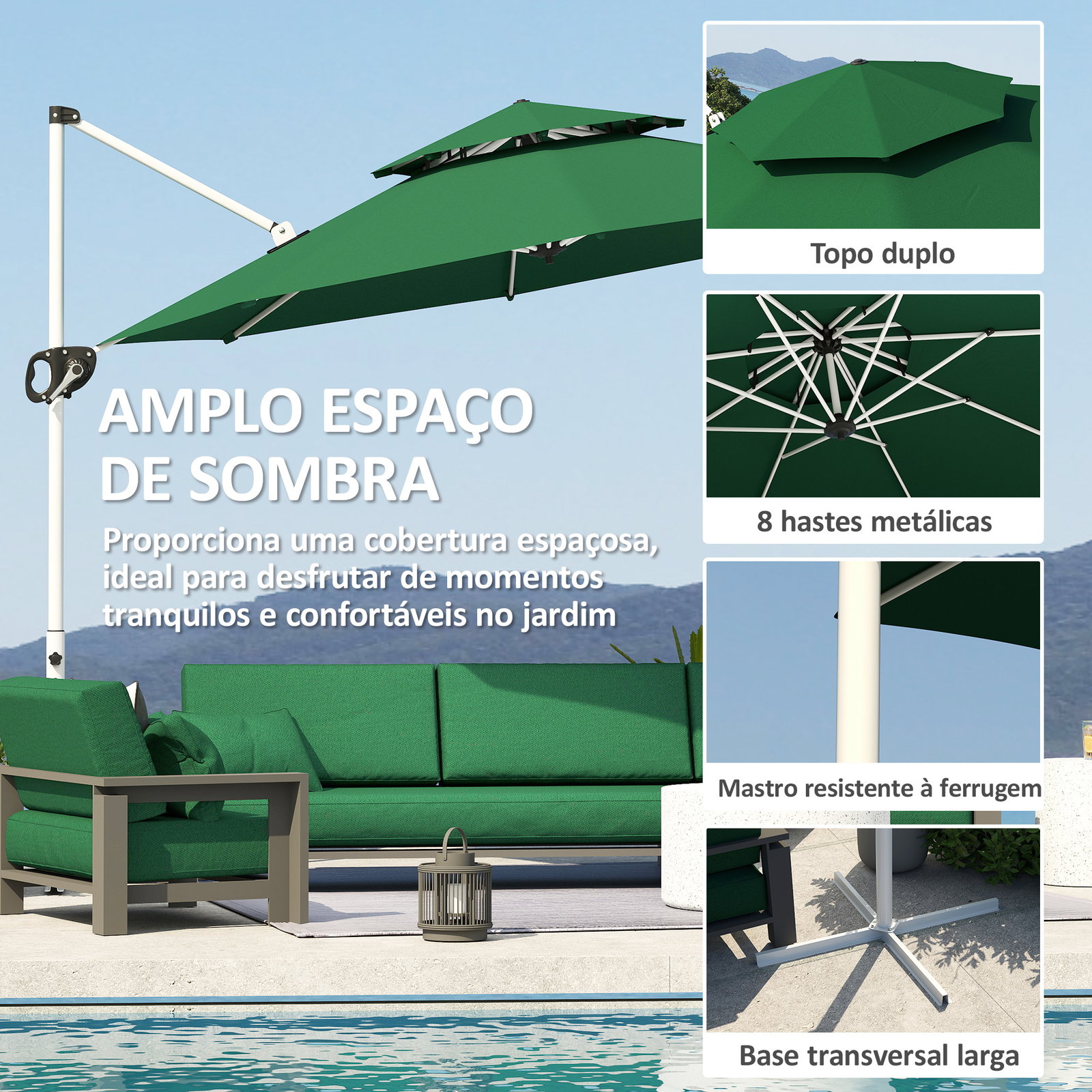 Chapéu de sol excêntrico ø292 cm com manivela rotativo 360° inclinação ajustável duplo teto e base cruzada verde escuro