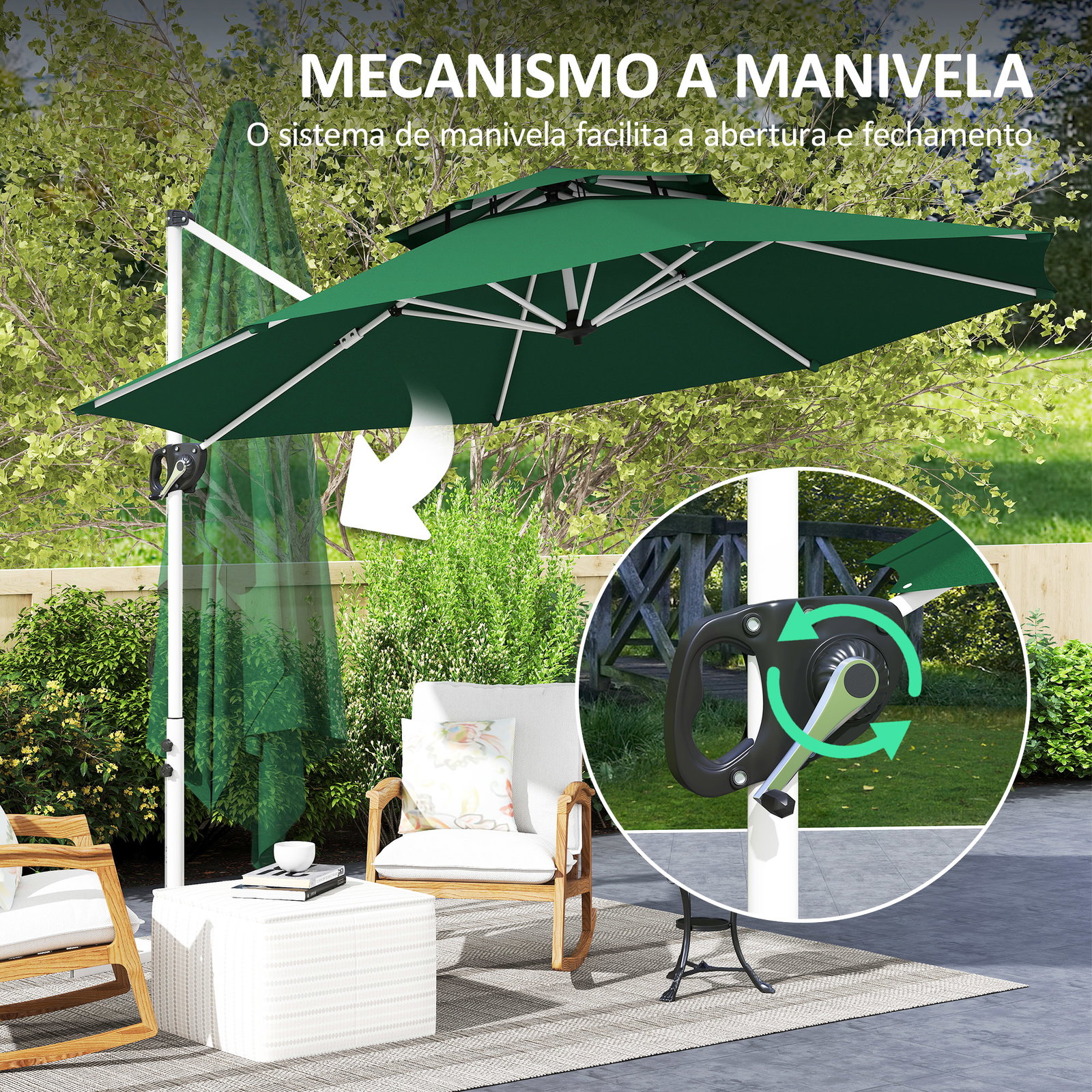 Chapéu de sol excêntrico ø292 cm com manivela rotativo 360° inclinação ajustável duplo teto e base cruzada verde escuro
