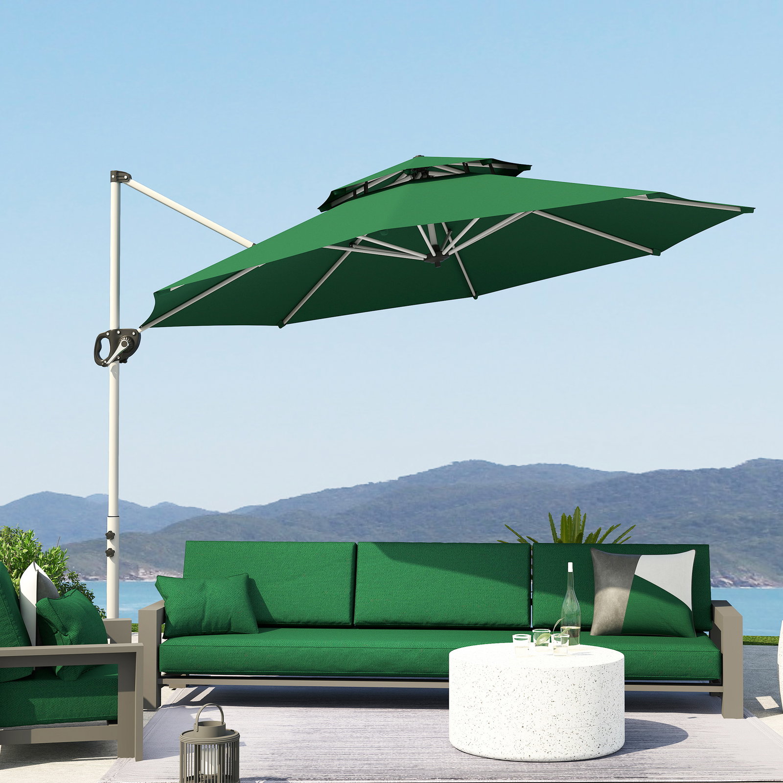 Chapéu de sol excêntrico ø292 cm com manivela rotativo 360° inclinação ajustável duplo teto e base cruzada verde escuro