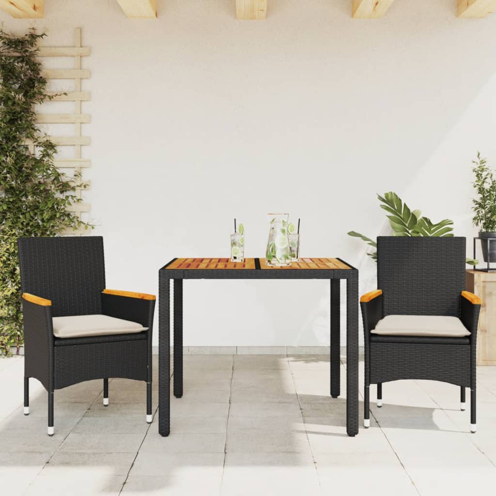 3 Pcs conjunto jantar jardim c/ almofadões vime PE/acácia preto