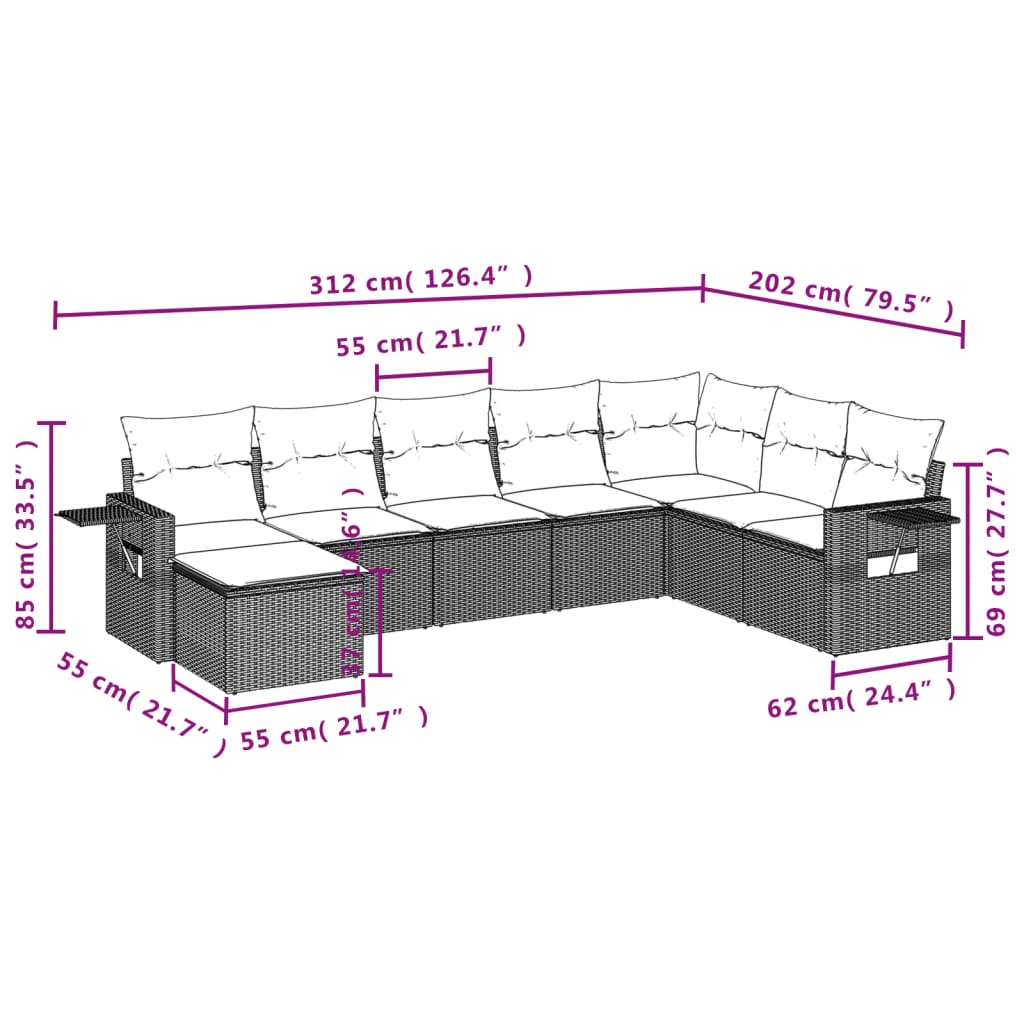 8 Pcs conjunto de sofás p/ jardim com almofadões vime PE bege