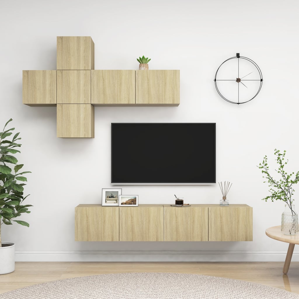 7Pcs conjunto de móveis de TV derivados madeira carvalho sonoma