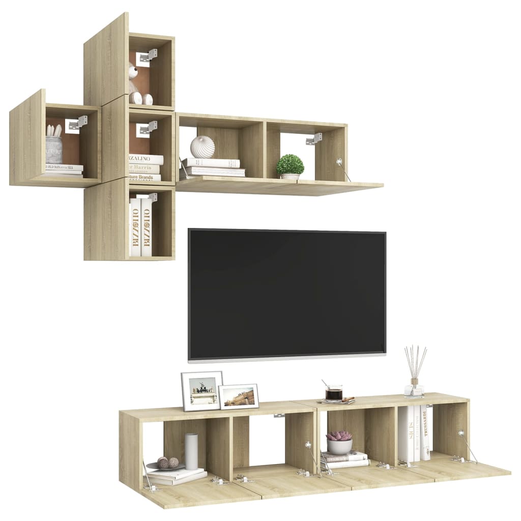 7Pcs conjunto de móveis de TV derivados madeira carvalho sonoma
