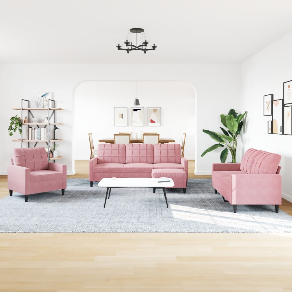 4 Pcs conjunto de sofás com almofadões veludo rosa