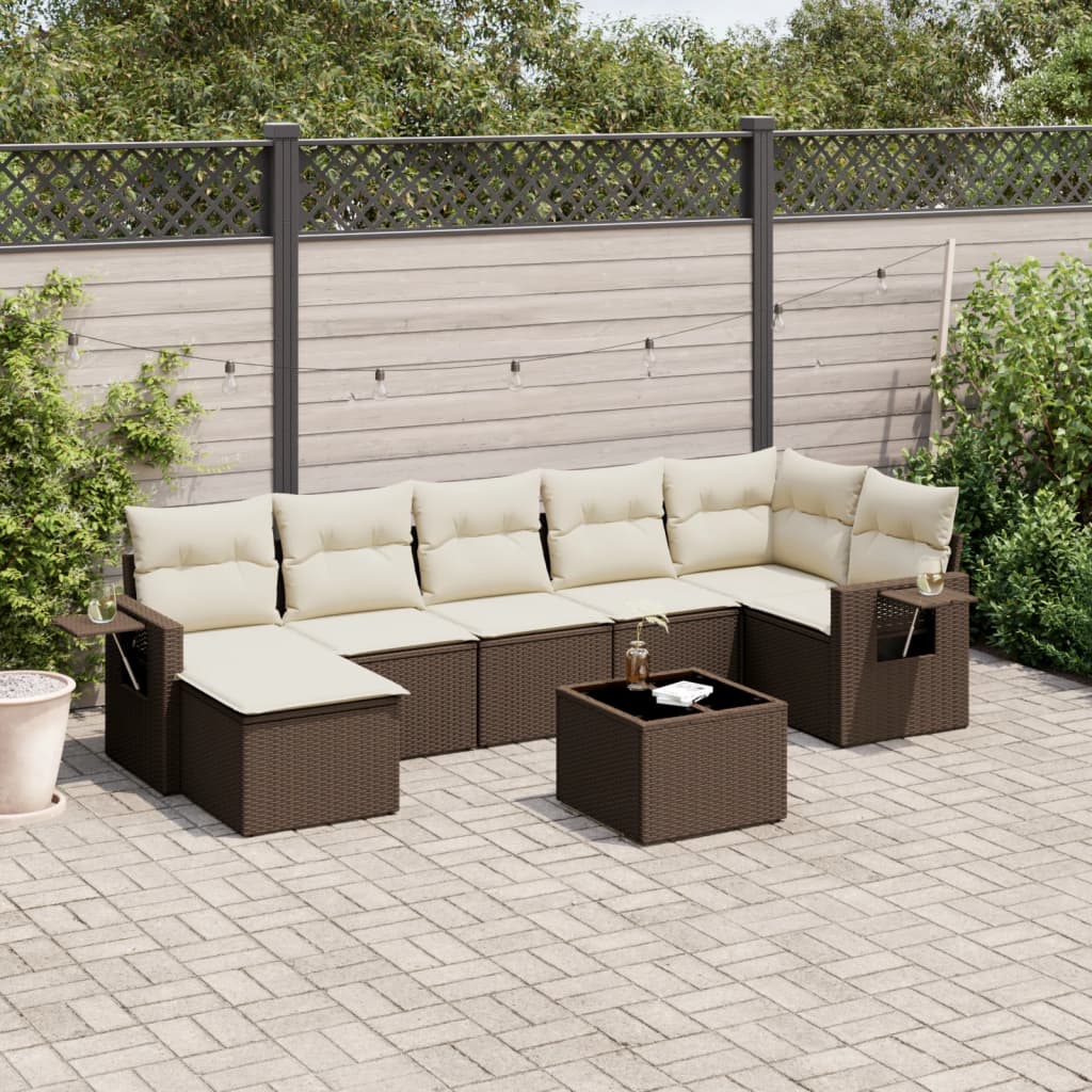 8 Pcs conjunto sofás de jardim c/ almofadões vime PE castanho