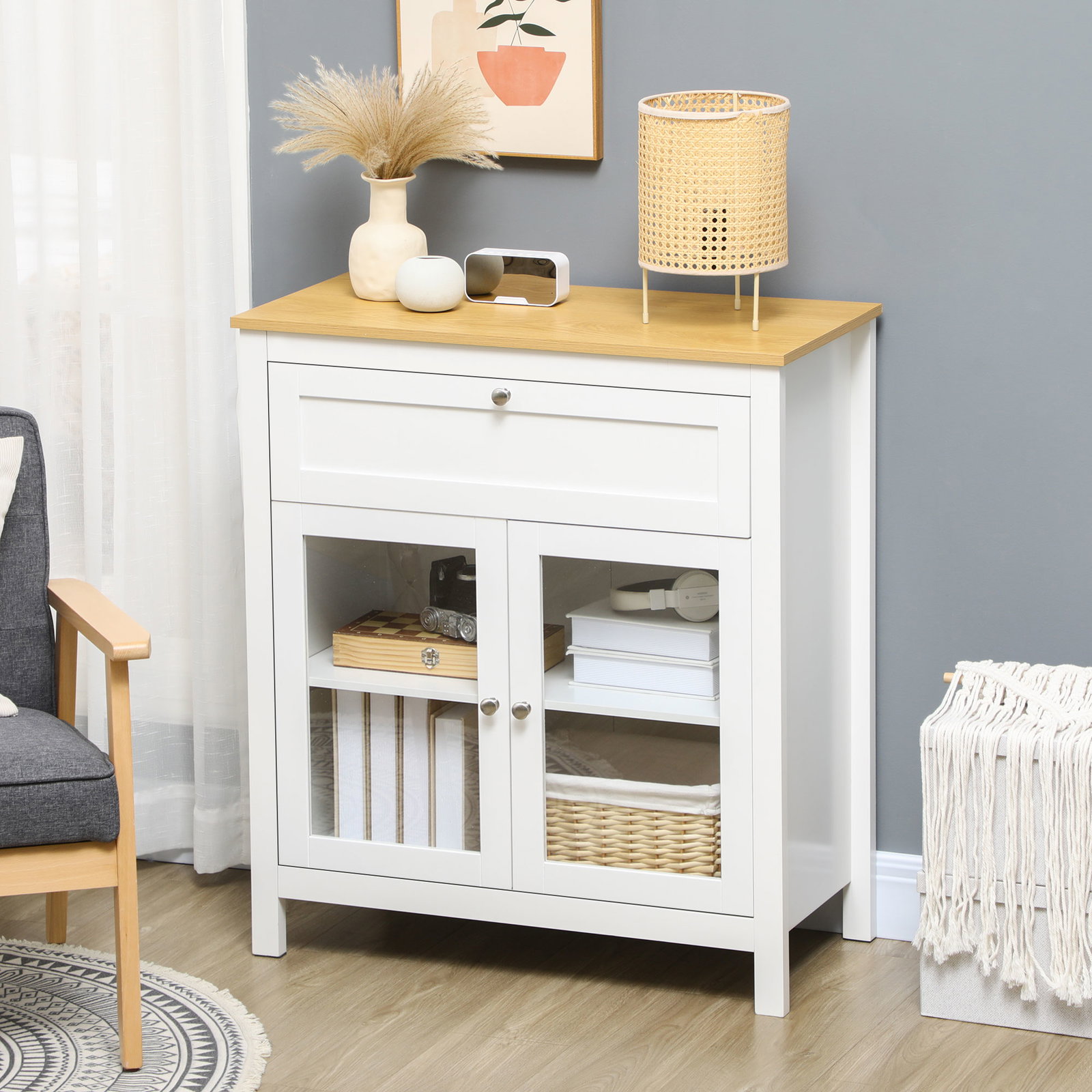 Aparador de cozinha moderno móvel buffet auxiliar com gaveta prateleira ajustável e 2 portas de vidro 80x40x90 cm branco e madeira