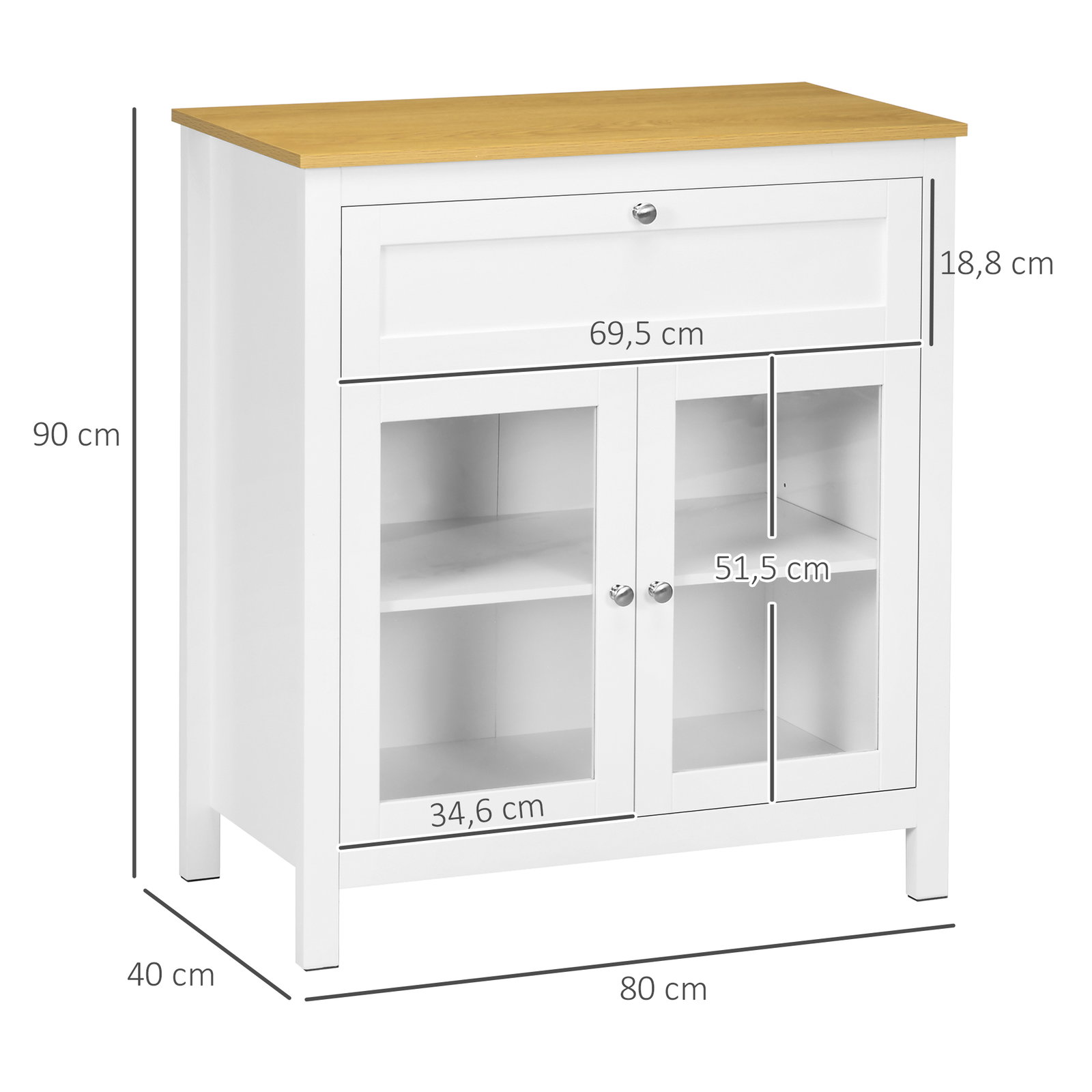 Aparador de cozinha moderno móvel buffet auxiliar com gaveta prateleira ajustável e 2 portas de vidro 80x40x90 cm branco e madeira