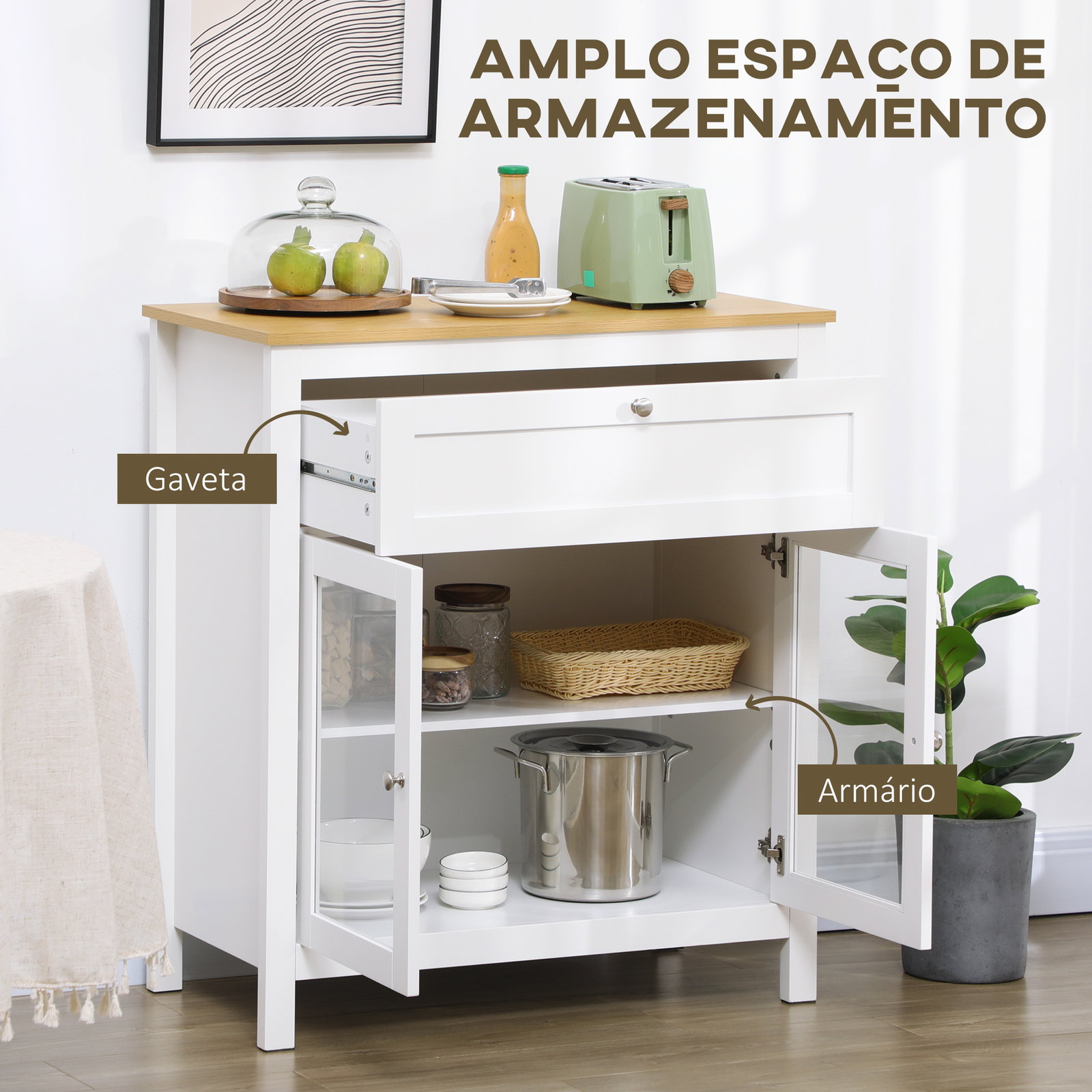 Aparador de cozinha moderno móvel buffet auxiliar com gaveta prateleira ajustável e 2 portas de vidro 80x40x90 cm branco e madeira