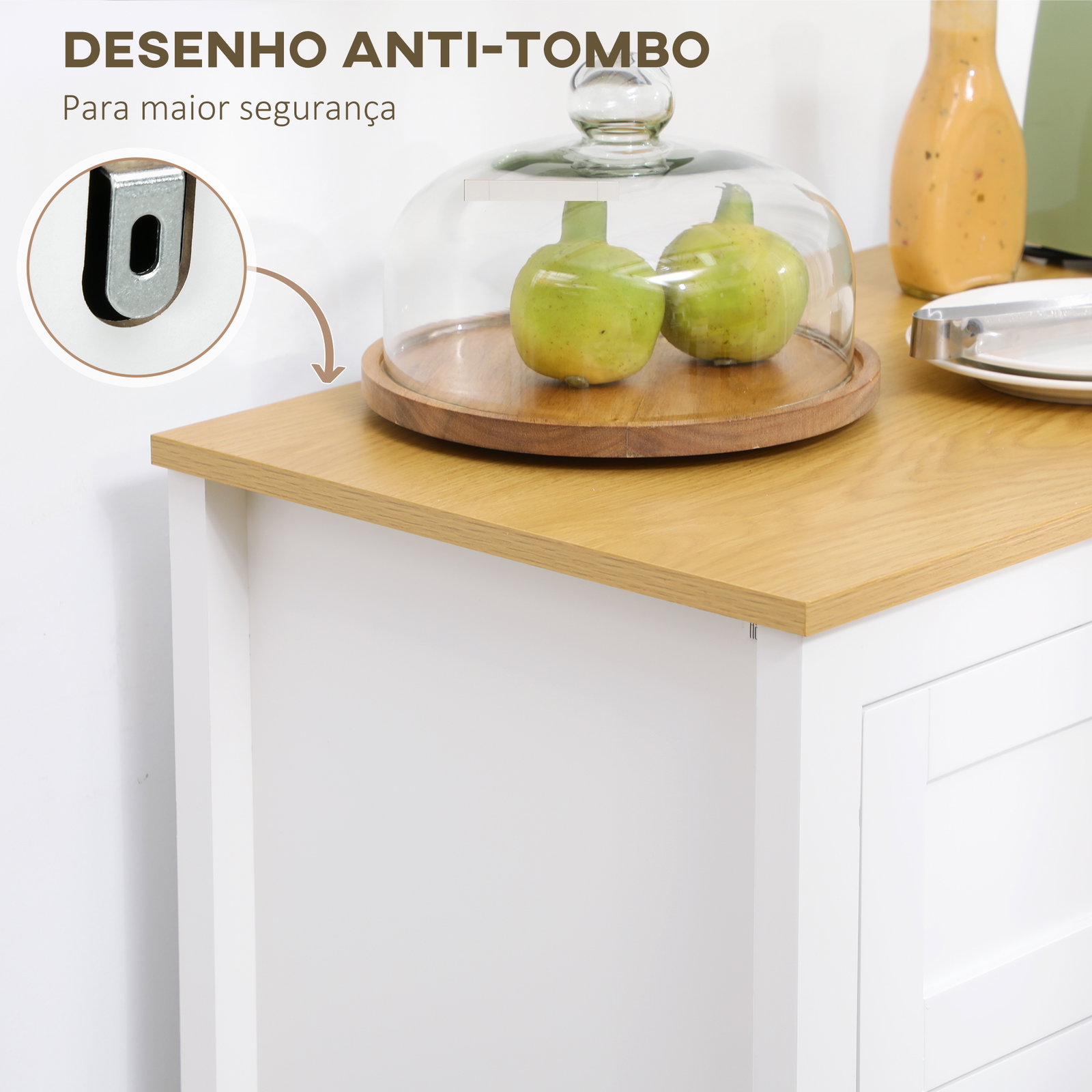Aparador de cozinha moderno móvel buffet auxiliar com gaveta prateleira ajustável e 2 portas de vidro 80x40x90 cm branco e madeira