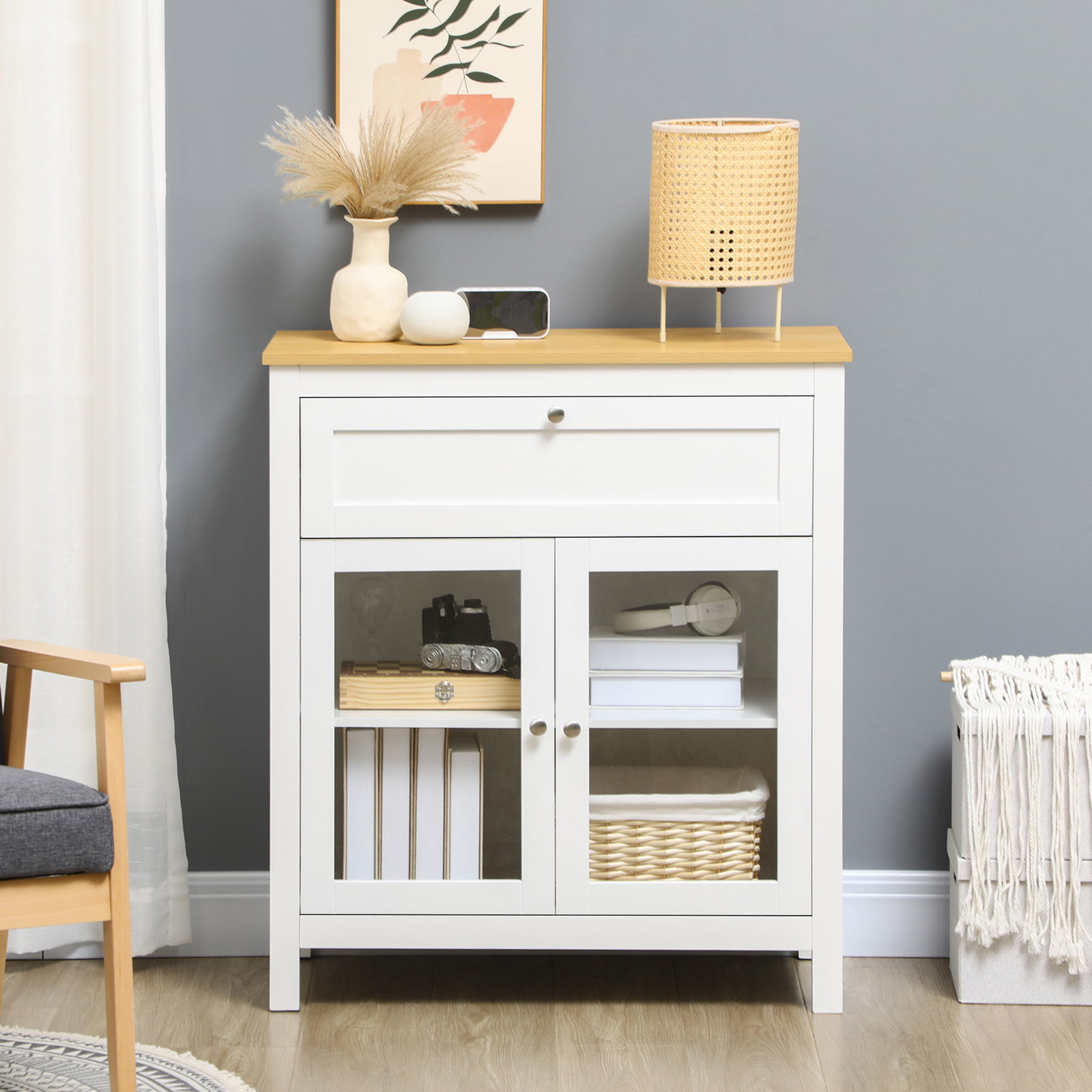 Aparador de cozinha moderno móvel buffet auxiliar com gaveta prateleira ajustável e 2 portas de vidro 80x40x90 cm branco e madeira