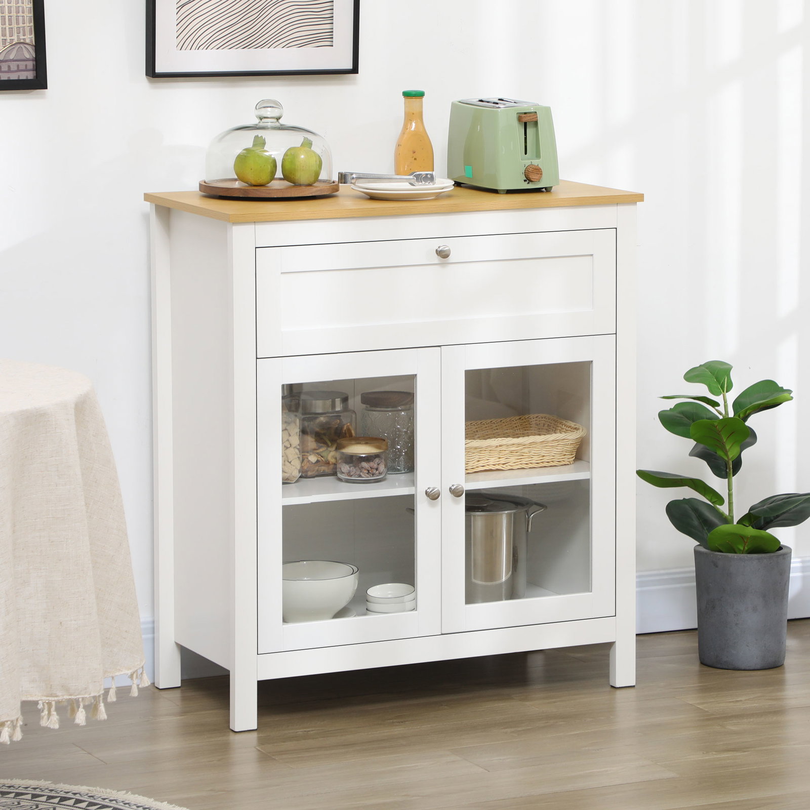 Aparador de cozinha moderno móvel buffet auxiliar com gaveta prateleira ajustável e 2 portas de vidro 80x40x90 cm branco e madeira