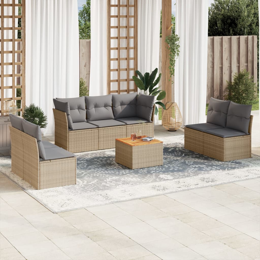 8 Pcs conjunto de sofás p/ jardim com almofadões vime PE bege