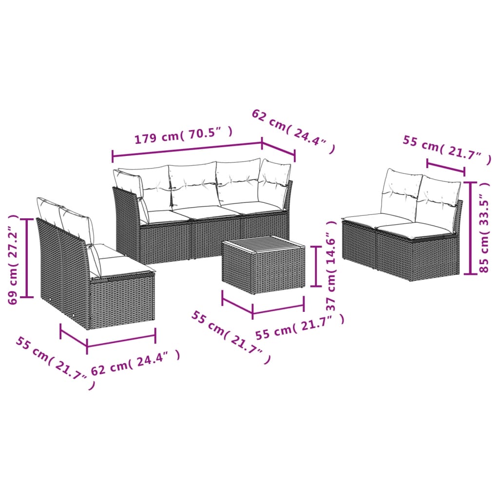8 Pcs conjunto de sofás p/ jardim com almofadões vime PE bege