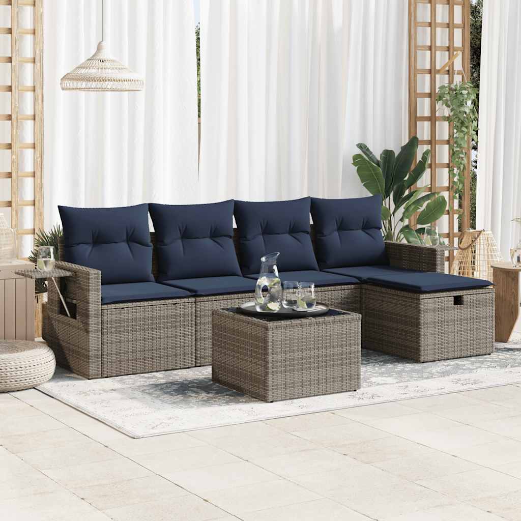 6 Pcs conjunto sofás de jardim com almofadões vime cinzento