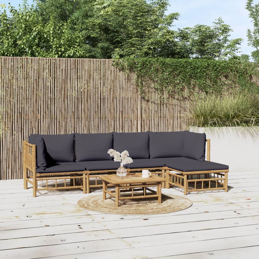 6 Pcs conjunto lounge jardim bambu c/ almofadões cinza-escuro