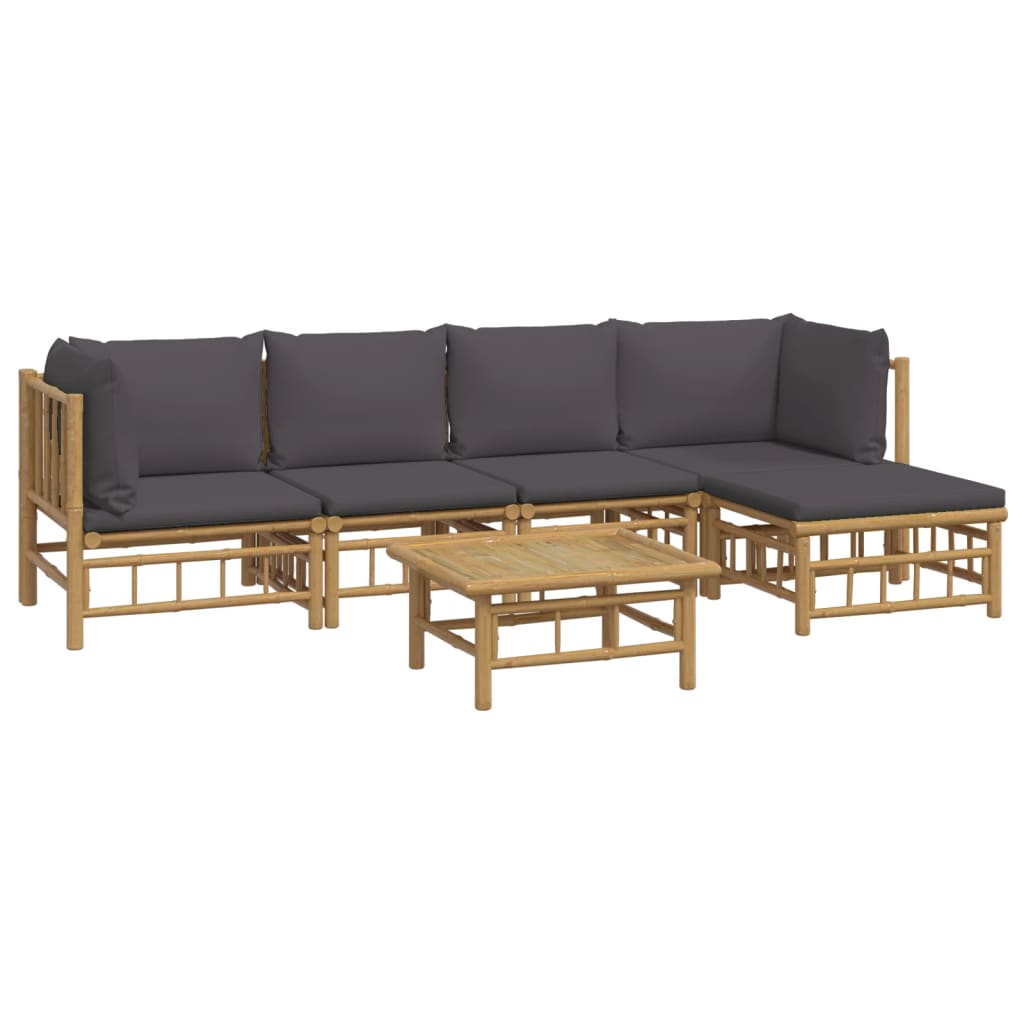 6 Pcs conjunto lounge jardim bambu c/ almofadões cinza-escuro