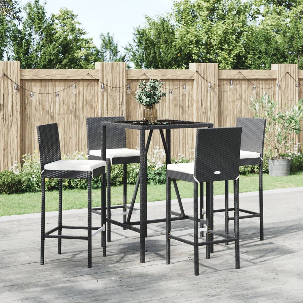 5 Pcs conjunto de bar p/ jardim c/ almofadões vime PE preto