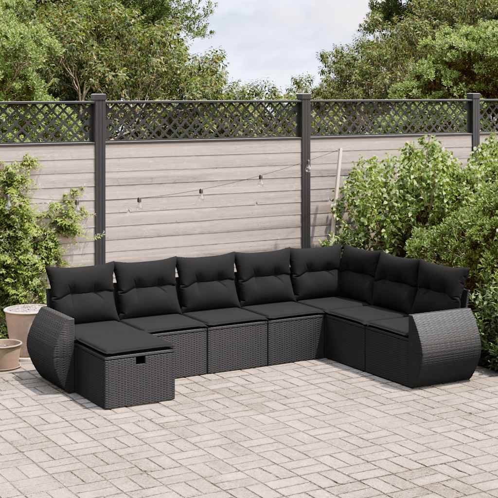 8 Pcs conjunto sofás de jardim com almofadões vime PE preto