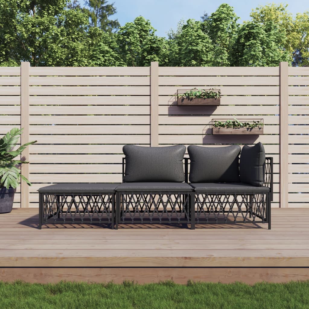 3 Pcs conjunto lounge de jardim com almofadões aço antracite