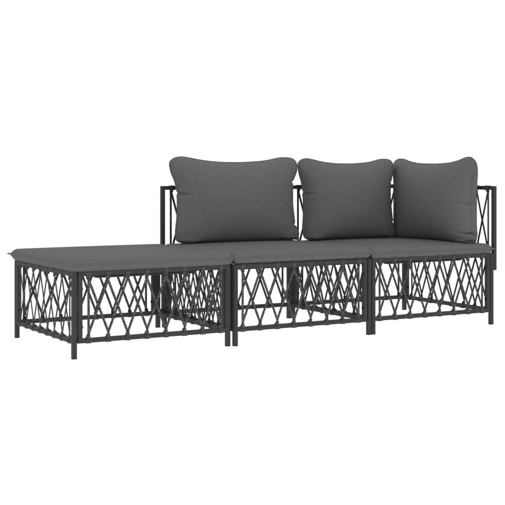 3 Pcs conjunto lounge de jardim com almofadões aço antracite