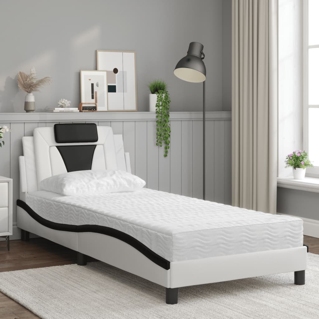 Cama viana com colchão 90x200 cm couro artificial branco e preto