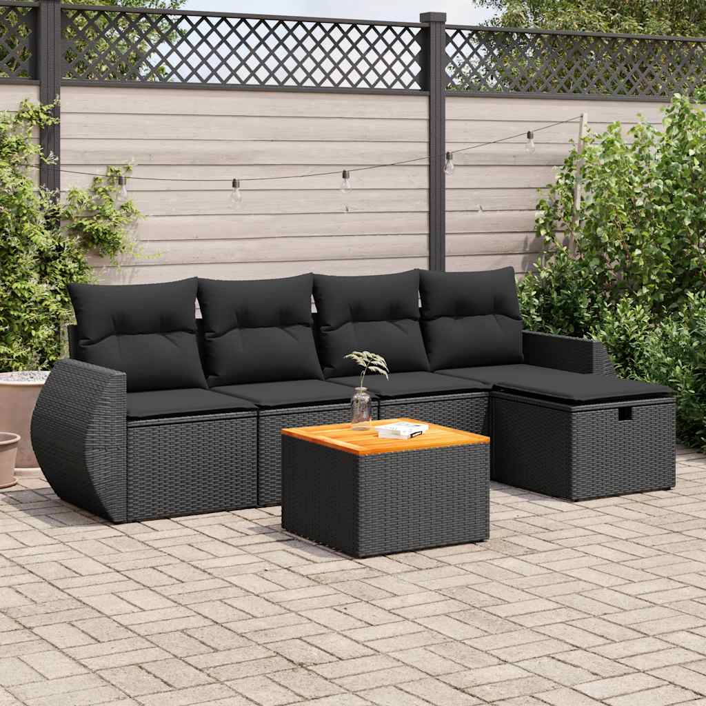 6 Pcs conjunto sofás de jardim c/ almofadões vime PE preto