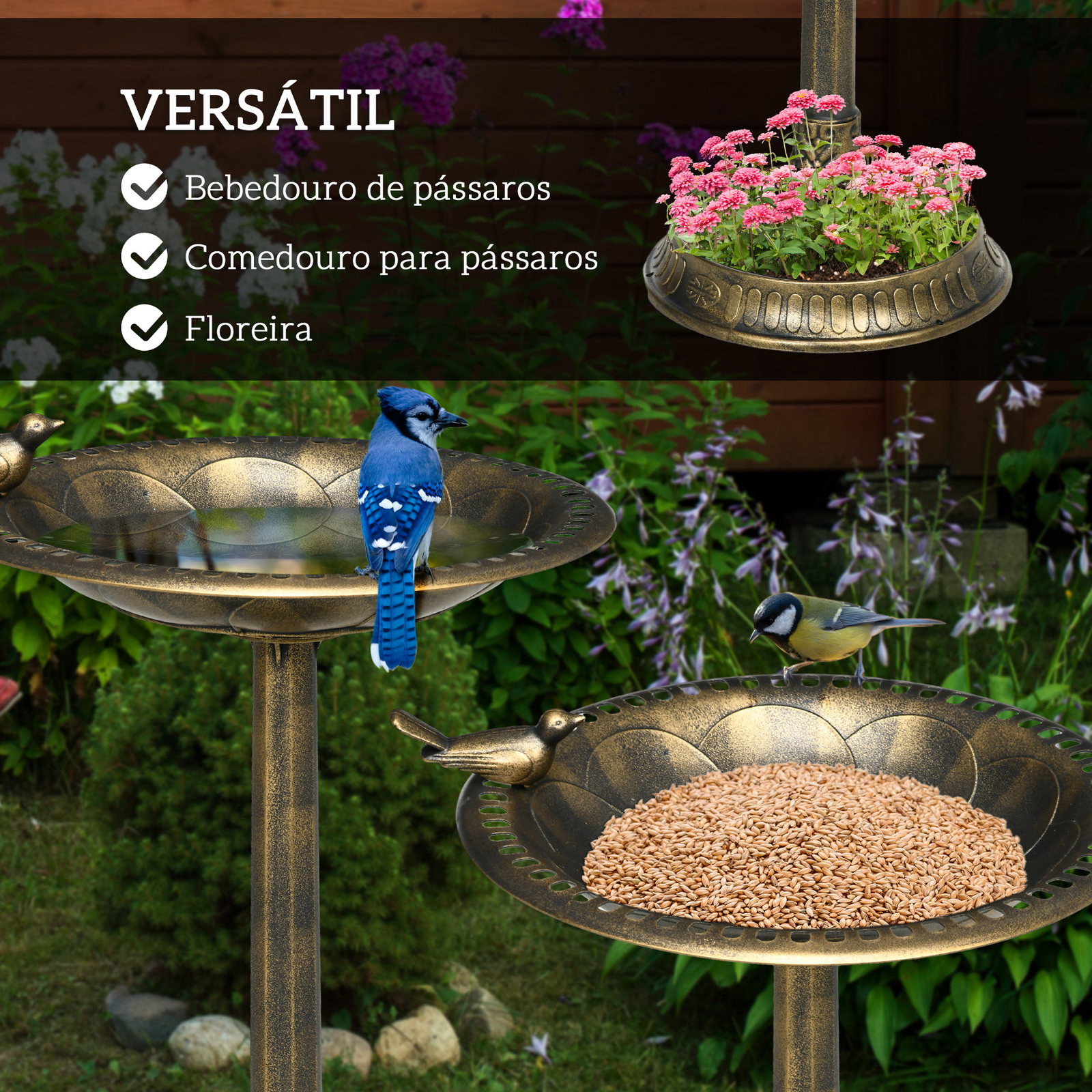 Banheira para pássaros de jardim altura 72 cm com 2 níveis desenho elegante banheira para aves para exterior ø50x72 cm bronze