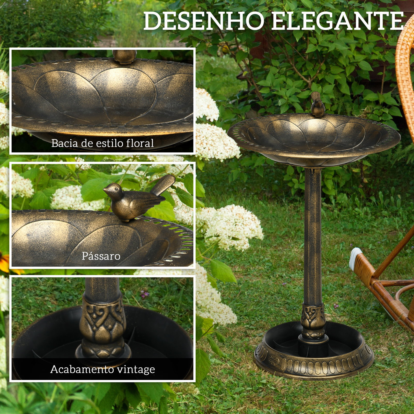 Banheira para pássaros de jardim altura 72 cm com 2 níveis desenho elegante banheira para aves para exterior ø50x72 cm bronze