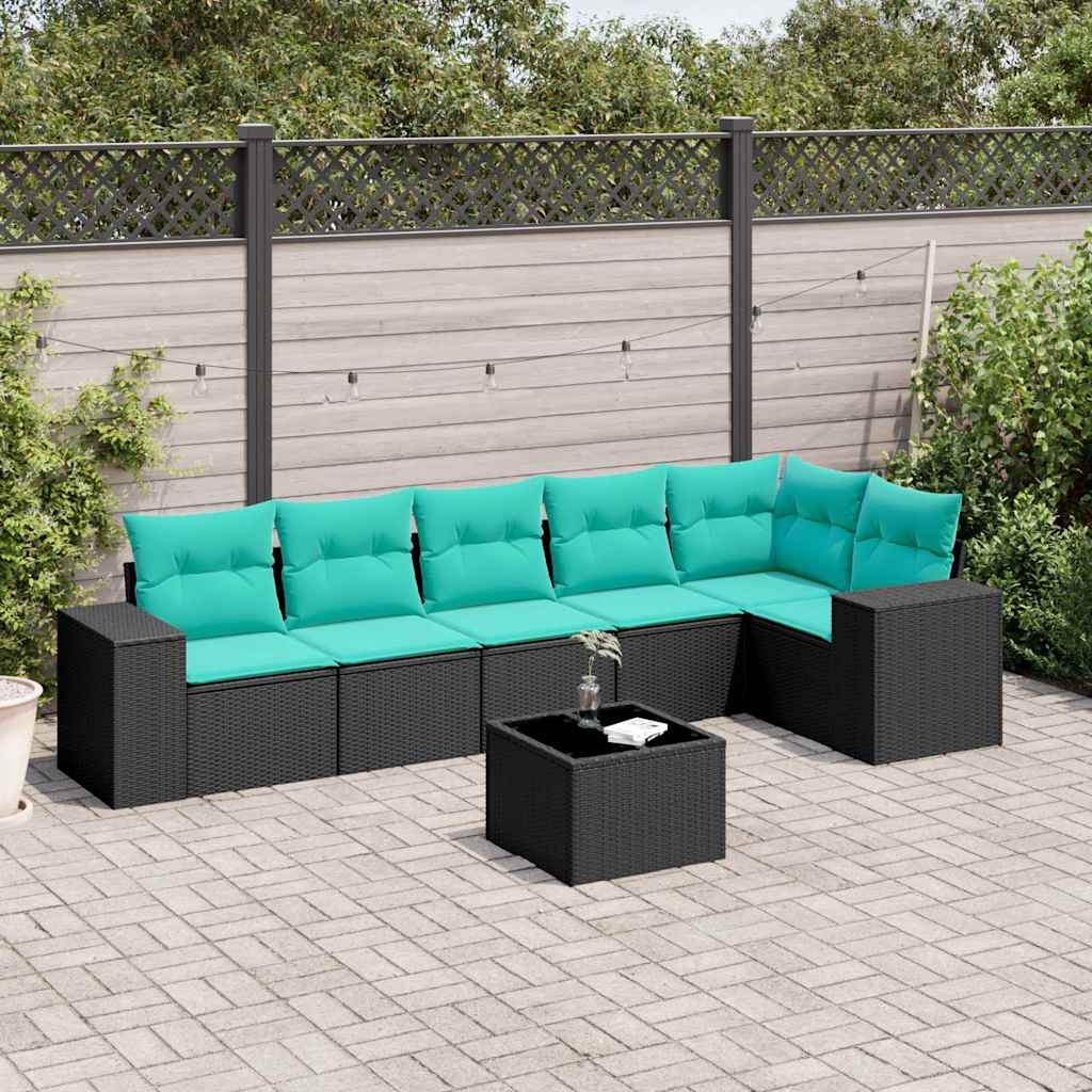 Conjunto de sofá de jardim com 7 peças e almofadas em rattan sintético preto