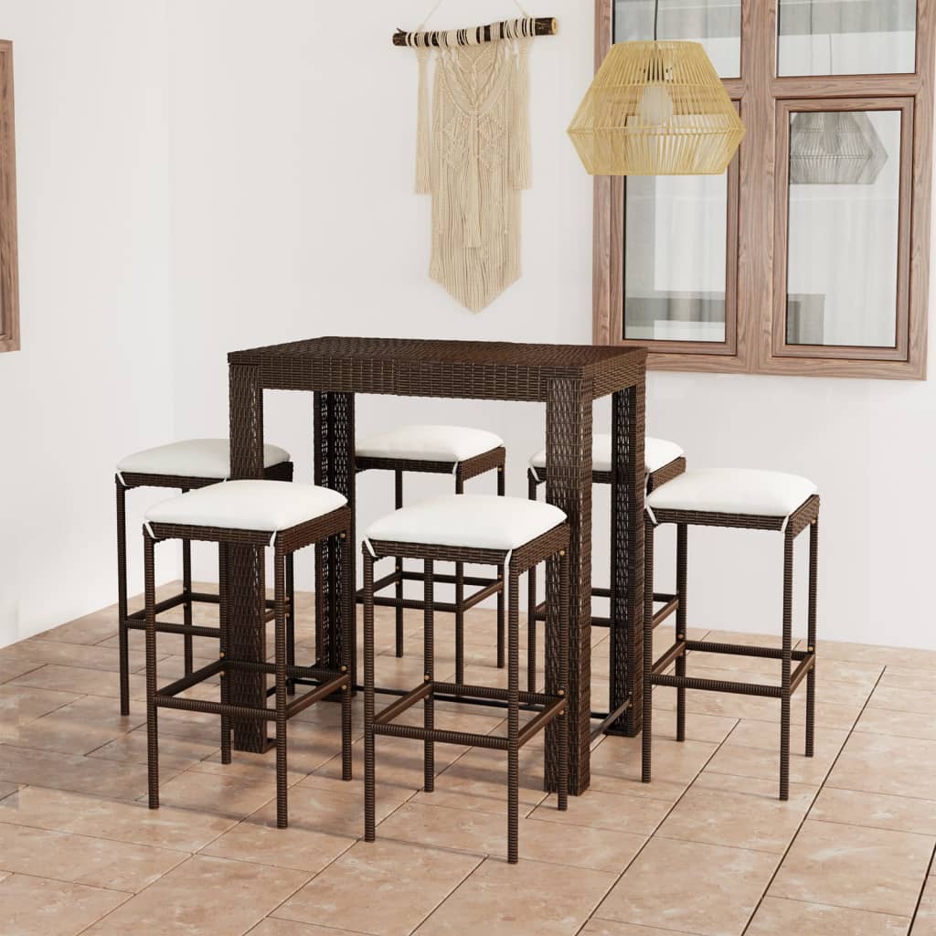 7 Pcs conjunto de bar p/ jardim com almofadões vime PE castanho