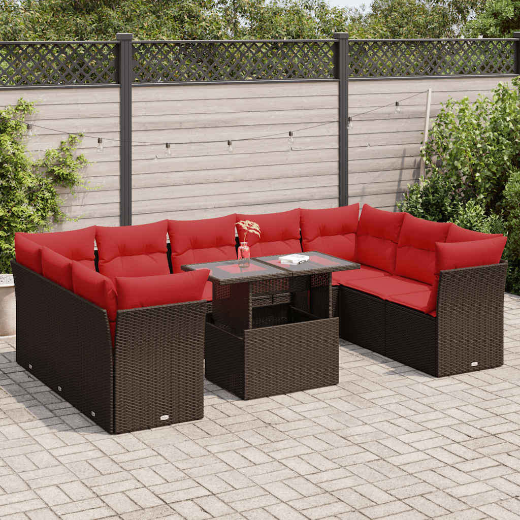 10 Pcs conj. sofás jardim c/ almofadões vime PE/acácia castanho